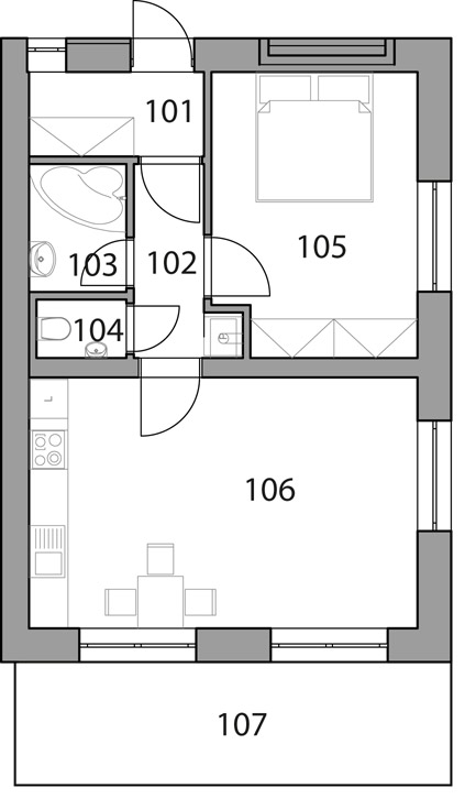 Půdorys bytu č. 12.A - dispozice 2KK